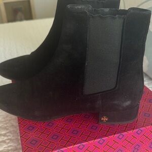 Tory Burch Black Suede Pascal Ankle Boots with Logo Heel Accent